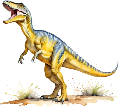 Hình ảnh khủng long Allosaurus màu vàng và xanh sọc đang gầm rống, miệng há to, đứng trên nền đất.