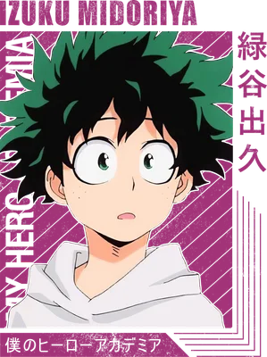Chân dung nhân vật Izuku Midoriya từ anime My Hero Academia, mặc áo hoodie trắng, tóc xanh lá, biểu cảm ngạc nhiên.