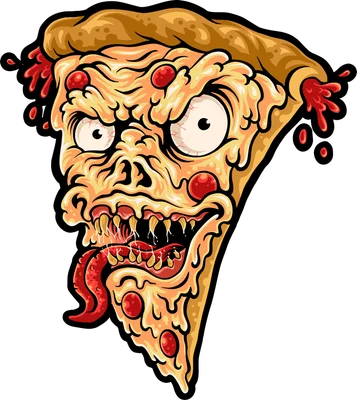 Hình minh họa miếng pizza biến thành zombie với biểu cảm hung dữ, phong cách hoạt hình kinh dị