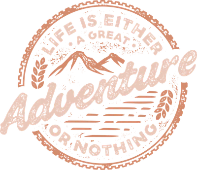 Thiết kế huy hiệu vintage với câu trích dẫn 'Life is either a great adventure or nothing', hình núi và sóng biển, màu cam đào trên nền xám.