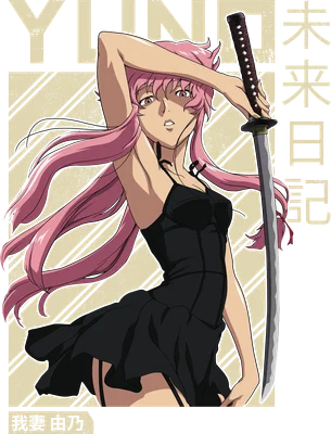 Hình ảnh Yuno Gasai, nhân vật anime tóc hồng, cầm kiếm katana, mặc váy đen.