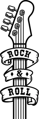 Hình ảnh biểu tượng Rock & Roll với dòng chữ 'ROCK & ROLL' trên dải băng quấn quanh cần đàn guitar màu đen trắng.