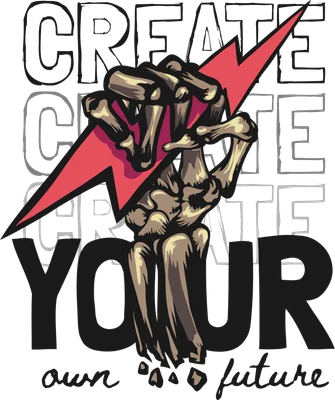 Hình ảnh nắm đấm xương bàn tay cầm tia sét đỏ, với chữ 'CREATE YOUR own future' phía sau.