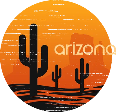 Hình ảnh minh họa cảnh sa mạc Arizona lúc hoàng hôn với cây xương rồng và núi đá, chữ 'arizona' nổi bật.