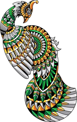 Hình minh họa chim công với họa tiết mandala phức tạp, màu xanh lá cây và vàng nổi bật trên nền xám.