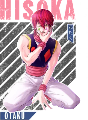 Hình vẽ nhân vật Hisoka Morow từ anime Hunter x Hunter với mái tóc đỏ, trang phục tím và trắng, tạo dáng quyến rũ.