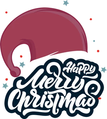 Chữ "Happy Merry Christmas" viết tay cách điệu màu trắng viền xanh đậm, nằm dưới mũ ông già Noel màu đỏ
