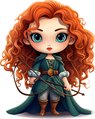Hình ảnh nhân vật chibi Merida tóc đỏ, mắt xanh, mặc trang phục xanh lá, cầm cung tên.