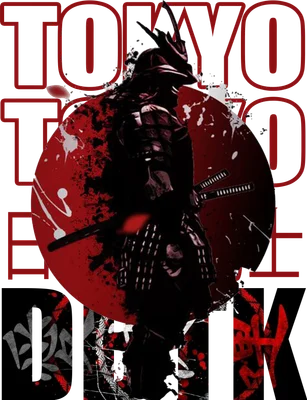 Hình ảnh chiến binh Samurai Nhật Bản trong bộ giáp đen đỏ, với các ký tự Nhật Bản và hình tròn đỏ.