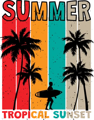 Hình ảnh retro mùa hè với người lướt sóng, ván trượt, hàng dừa và chữ 'SUMMER', 'TROPICAL SUNSET' trên nền sọc màu