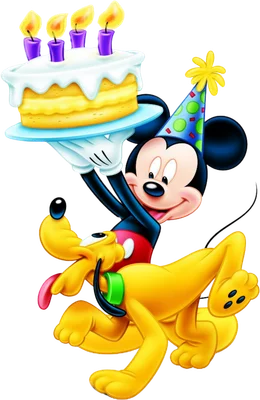 Mickey Mouse đội mũ sinh nhật cầm bánh kem 4 nến, Pluto chạy phía dưới với vẻ mặt vui tươi trên nền xám.
