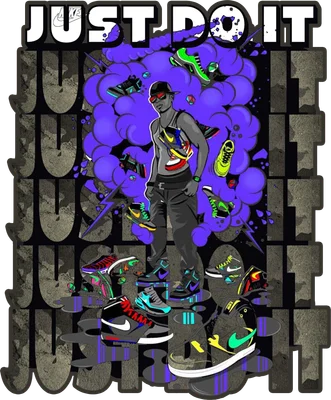 Hình ảnh minh họa một chàng trai trẻ với phong cách hip-hop, xung quanh là nhiều mẫu giày sneaker đa dạng và hiệu ứng khói tím.