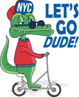 Hình vẽ cá sấu hoạt hình đeo kính râm đội mũ NYC đi xe đạp với dòng chữ Let's go dude