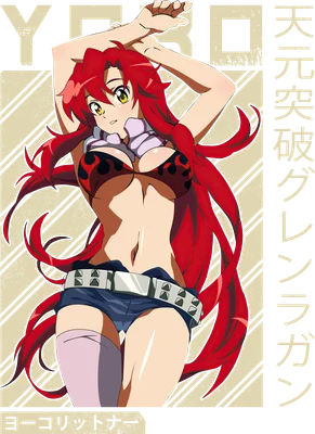 Hình ảnh Yoko Littner, nhân vật anime tóc đỏ, mặc bikini và quần short, tạo dáng quyến rũ.
