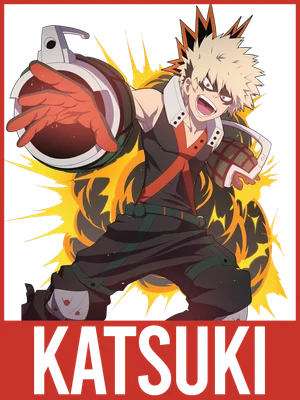 Nhân vật anime Katsuki Bakugo với mái tóc vàng nhọn, trang phục anh hùng, tay cầm quả bom, bối cảnh lửa vàng rực.