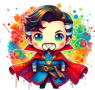 Hình ảnh Doctor Strange phiên bản chibi dễ thương với trang phục xanh đỏ đặc trưng, nền màu nước rực rỡ và các ngôi sao nhỏ.