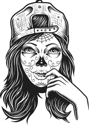 Hình minh họa cô gái phong cách sugar skull đội mũ lưỡi trai ngược, tay chạm môi, với các họa tiết mạng nhện và hoa văn trên mặt.