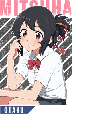 Hình ảnh Mitsuha Miyamizu, nhân vật nữ chính anime Kimi no Na wa, với mái tóc đen buộc đuôi ngựa, mặc đồng phục học sinh, biểu cảm đáng yêu.