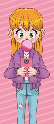 Hình ảnh cô gái anime tóc vàng, mắt xanh lá, đang thổi kẹo cao su màu hồng và cầm điện thoại.