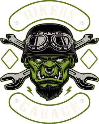 Hình minh họa đầu quái vật Orc xanh đội mũ bảo hiểm biker với cờ lê bắt chéo, phong cách garage mạnh mẽ