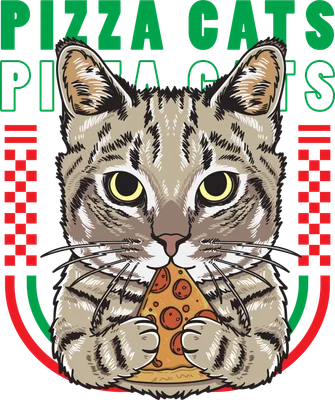 Hình minh họa mèo mướp đáng yêu cầm miếng bánh pizza, phong cách hoạt hình retro