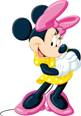 Minnie Mouse hoạt hình đáng yêu, mặc váy vàng chấm bi trắng, nơ hồng lớn, giày hồng, đang cười và nhìn sang một bên.