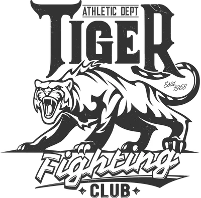 Hình ảnh hổ gầm mạnh mẽ với chữ 'TIGER ATHLETIC DEPT Fighting CLUB' phong cách vintage, màu đen trắng trên nền xám.