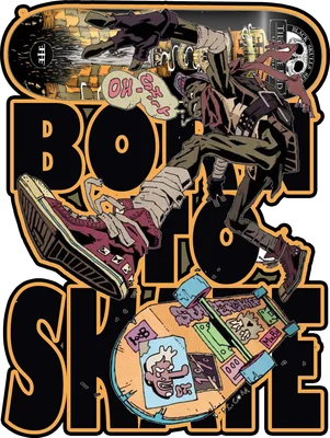 Hình ảnh minh họa nhân vật trượt ván với phong cách truyện tranh, có chữ 'BOO SKATE' và các yếu tố đồ họa khác.