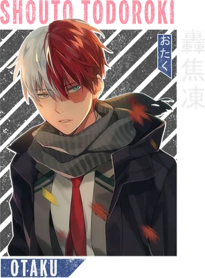 Hình ảnh Shoto Todoroki, nhân vật anime với mái tóc đỏ và trắng, đeo khăn choàng và cà vạt đỏ.