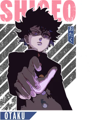 Hình ảnh nhân vật Shigeo Kageyama (Mob) từ anime Mob Psycho 100, chỉ tay về phía trước, phong cách nghệ thuật anime.