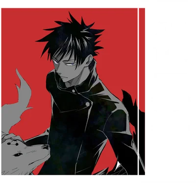 Hình ảnh anime chàng trai tóc đen với ánh mắt tím, mặc áo khoác đen, bên cạnh là một con sói màu xám trên nền đỏ.