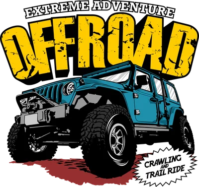 Hình minh họa xe địa hình offroad màu xanh dương với lốp lớn, chữ 'EXTREME ADVENTURE OFFROAD' và 'CRAWLING AND TRAIL RIDE'.