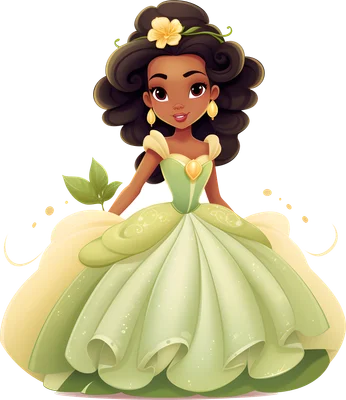 Hình ảnh công chúa Tiana hoạt hình với làn da nâu, tóc xoăn, mặc váy dạ hội xanh lá và vàng, cài hoa vàng trên tóc.