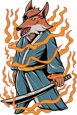 Hình minh họa cáo Samurai đeo bịt mắt, mặc kimono xanh cầm kiếm katana, xung quanh là ngọn lửa cách điệu.
