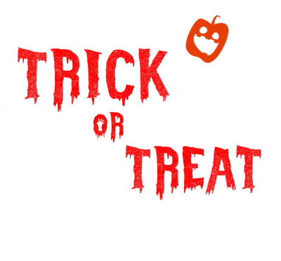 Hình ảnh Halloween Trick or Treat với chữ đỏ, ma trắng, dơi, nón phù thủy, bí ngô và mạng nhện trên nền xám.