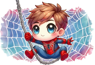 Chibi Spider-Man với tóc nâu, mắt xanh lớn ngồi trên sợi dây, nền nhện lưới xanh tím