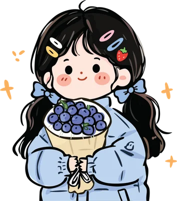 Hình vẽ cô bé chibi tóc đen hai bím, đeo kẹp tóc, ôm bó nho xanh, mặc áo khoác xanh nhạt.