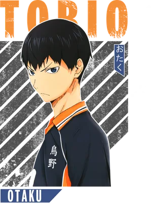Hình ảnh nhân vật Tobio Kageyama trong anime Haikyuu!!, phong cách chibi, mặc đồng phục màu xanh navy và cam.