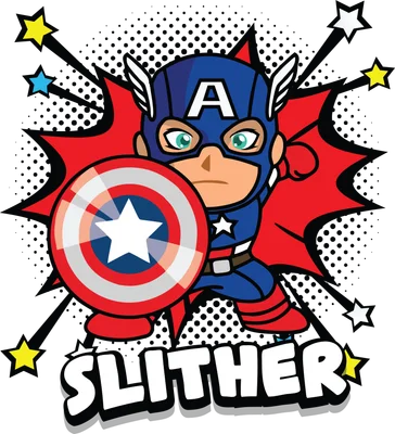Hình vẽ chibi Captain America đội mũ, mặc áo xanh đỏ, cầm khiên tròn có ngôi sao, có chữ SLITHER bên dưới.