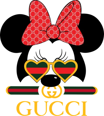 Hình ảnh Minnie Mouse đeo kính hình trái tim và nơ in họa tiết Gucci, có logo Gucci và chữ GUCCI.