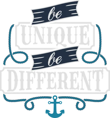 Hình ảnh với dòng chữ 'Be Unique Be Different' cách điệu, có dây thừng và mỏ neo, phong cách vintage.