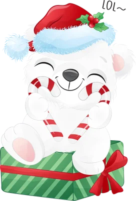 Gấu Bắc Cực đội mũ ông già Noel, ôm kẹo gậy, ngồi trên hộp quà Giáng Sinh.