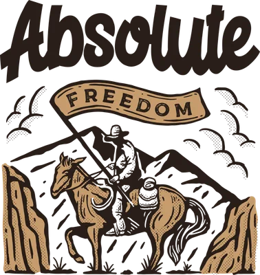 Thiết kế đồ họa cao bồi cưỡi ngựa cầm cờ với dòng chữ Absolute Freedom phong cách cổ điển