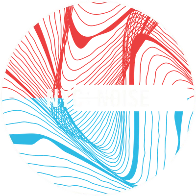 Logo NYC NOISE với các đường cong trừu tượng màu đỏ và xanh trên nền xám.
