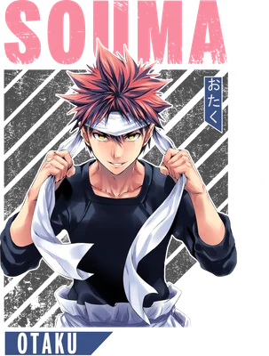Hình ảnh nhân vật anime Soma Yukihira với mái tóc đỏ rực, đeo băng đô trắng, mặc áo đen, tay cầm khăn trắng.