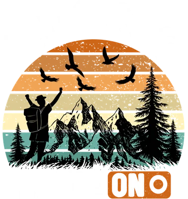 Hình ảnh đồ họa người leo núi với ba lô, núi non, cây thông và chim bay trên nền hoàng hôn vintage, chữ 'HIKING MODE ON'.