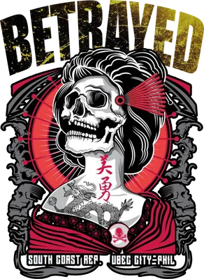 Hình ảnh Geisha đầu lâu với hình xăm rồng, tóc đen, trang phục đỏ, chữ Nhật và dòng chữ 'BETRAYED'