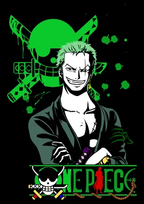 Hình ảnh Roronoa Zoro từ One Piece với nụ cười tự tin, biểu tượng Jolly Roger màu xanh lá cây phía sau.