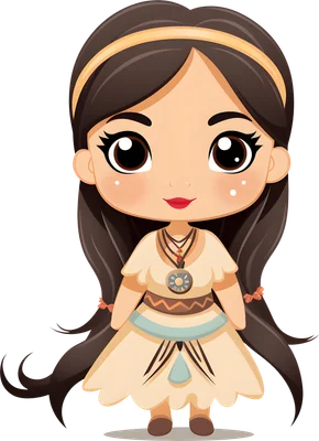 Hình ảnh cô gái hoạt hình chibi với trang phục thổ dân, tóc dài, mắt to, nền xám.