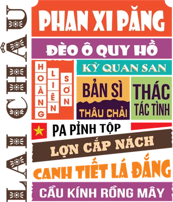 Hình ảnh typography các địa danh và đặc sản nổi tiếng của Sapa, Lai Châu với nhiều khối màu sắc và font chữ khác nhau.